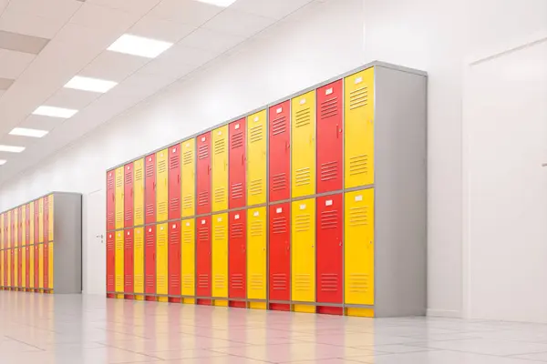 Φωτεινό Διάδρομο Του Σχολείου Κόκκινο Και Κίτρινο Θυρίδες Για Τους — Φωτογραφία Αρχείου