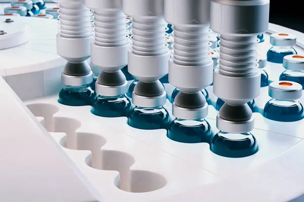 Blue Vaccine Bottles Conveyor Belt Concept Covid Vaccination Rows Glass — Stock Photo, Image