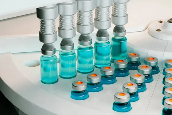 Blue vaccine bottles on a conveyor belt. Concept of COVID-19 vaccination. Rows of glass vials with liquid medicine. Pharmaceutical laboratory. Factory. Vaccine production