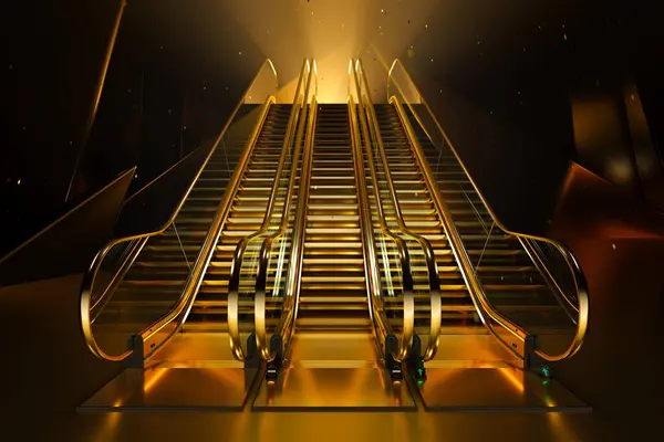 Rendering Image Luxurious Golden Moving Stairs Escalators Designed Glamorous Style — Stock Photo, Image