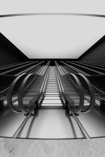 电梯楼梯由钢铁和铝制成 周围是黑暗的工业环境 由巨大的天花板灯照明 商业和商业环境下的城市交通非常理想 — 图库照片