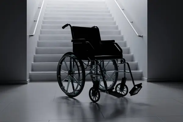 Rendu Fauteuil Roulant Vide Côté Larges Escaliers Concept Problèmes Santé — Photo