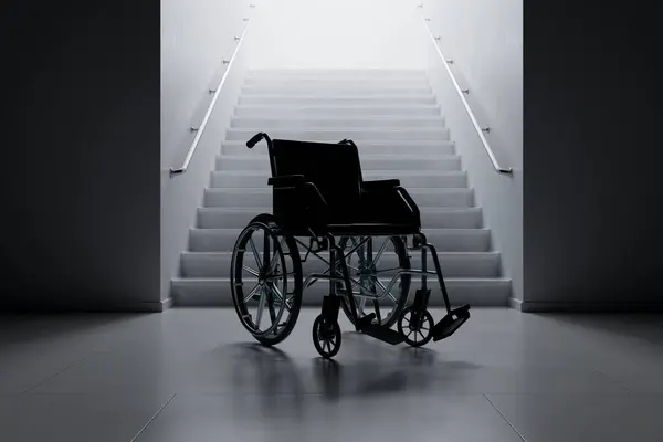 Rendu Fauteuil Roulant Vide Côté Larges Escaliers Concept Problèmes Santé — Photo