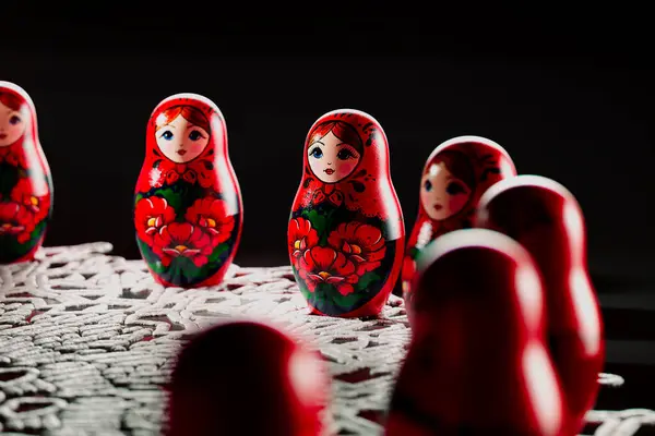 Russian matryoshka dolls crafted by hand are placed in a circle on top of a white folk doily. This art souvenir features intricate ornaments and is perfect for those who love collecting cultural items