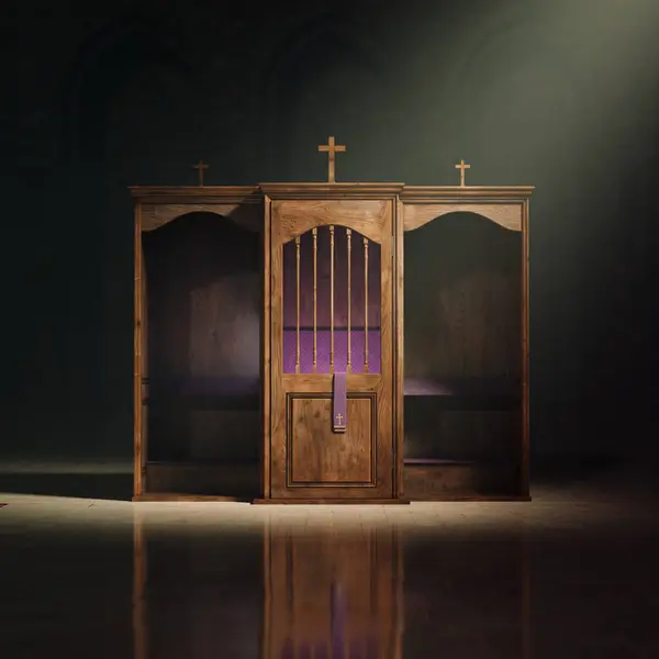 Piękne Światło Chrześcijańskiej Kaplicy Pada Konfesjonał Miejsce Kościele Katolickim Aby — Zdjęcie stockowe