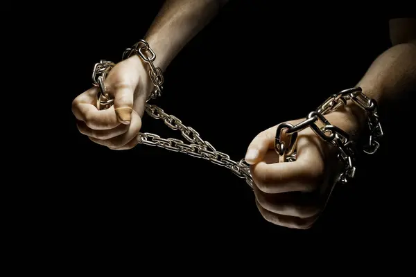 3d rendering od Hands breaking silver chains. Metal or steel chain is blown to pieces. Concept of regains freedom. Break free from weakness. Symbol of strength, free, liberty. Powerful independence.
