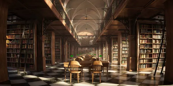 Old university library interior with shelves full of countless vintage books. Beautiful woodwork of shelves and pillars, detailed steel barrier and spiral staircase ornaments. Knowledge archives