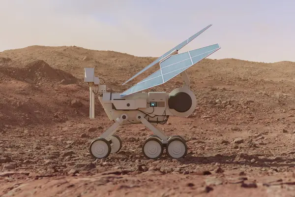 Gezegen gezgini kızıl gezegeni keşfederken bataryaları şarj ediyor. Güneş enerjili robot arazide duruyor. Test aracının ölçümler sırasında arızası var. Mars keşfi görevi..