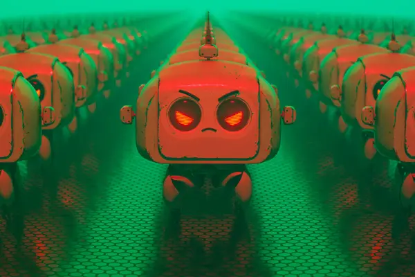 3D rendering of an army of cute little robots with angry red eyes and faces in a green environment with red lighting. The robots are clearly upset and ready to attack.