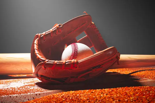 Baseball Lederhandschuh Ball Und Schläger Auf Schmutzigem Weißem Untergrund Mit Stockbild