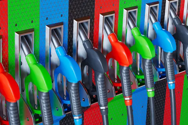 Obraz Wielokolorowych Dysz Pompy Gazowej Stacji Benzynowej Dostarczanie Benzyny Benzyny Zdjęcie Stockowe