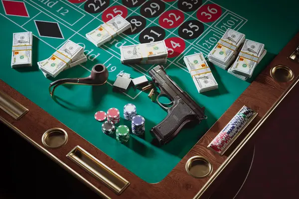 Guns Bullets Money Chips Roulette Table Casino Gambling Gangster Weapon Stock Image