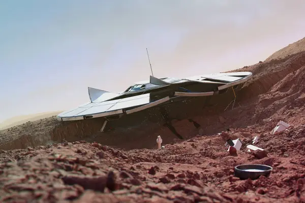 Розбитий Інопланетний Космічний Корабель Розсіяне Сміття Поверхні Марса Частини Планетарного Ліцензійні Стокові Зображення
