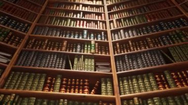 Zarif deri ciltli kitaplarla dolu eski ahşap bir kütüphanenin 3 boyutlu görüntüsü. Raflar izleyicinin etrafını sararak boşluğa dalma hissi yaratıyor. Kusursuz döngü canlandırması