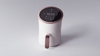Bu üç boyutlu canlandırma, sağlıklı yemek pişirmek için mükemmel beyaz ve bakır elementlere sahip zarif bir modern hava kızartma makinesini içeriyor. Minimalist siyah görüntü kullanıcı dostu bir arayüz sağlar
