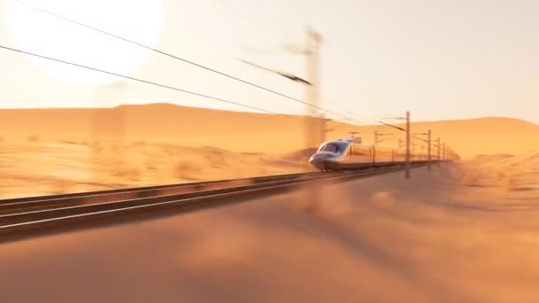 Moderno Treno Proiettile Arde Attraverso Dune Desertiche Sabbiose Con Fotocamera — Video Stock