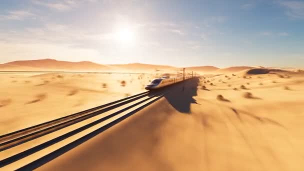 Современный Пулемётный Поезд Горит Над Песчаными Дюнами Пустыни Камера Следует — стоковое видео