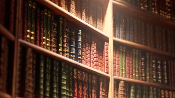 Rendering Una Vecchia Biblioteca Legno Piena Eleganti Libri Rilegati Pelle — Video Stock