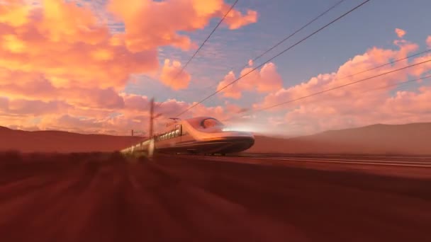 Vysokorychlostní Střelecký Vlak Projíždí Pouští Horami Pozadí Růžová Zatažená Obloha — Stock video