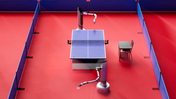 2台の便利なロボットがこのループ3Dアニメーションで激しいテニスの試合に従事しています 赤い床と青いピンポンテーブルは彼らの激しい試合のための活気に満ちた背景を提供します — ストック動画