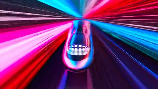 Kereta Berkecepatan Tinggi Menyala Melalui Latar Belakang Futuristik Neon Lit — Stok Video