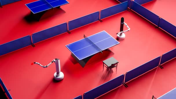 两个手巧的机器人在这个环状3D动画中参与了一场激烈的乒乓球游戏 红色的地板和蓝色的乒乓球为他们激烈的比赛提供了一个充满活力的背景 — 图库视频影像