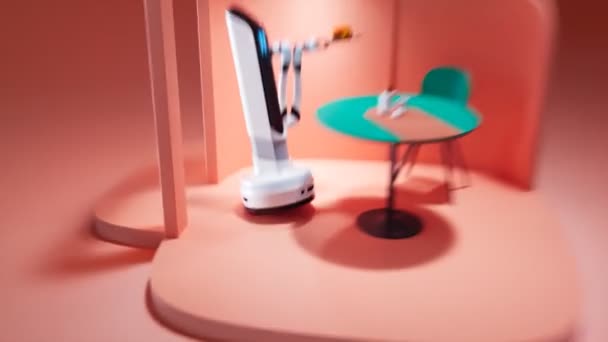 Rendering Pink Background Miniature Apartment Layout Automatic Household Robot Carrying — Stock Video