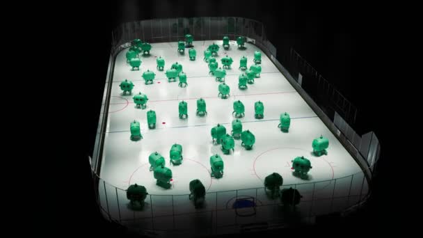 Group Adorable Futuristic Miniature Green Robots Slide Ice Rink Each — Stock Video