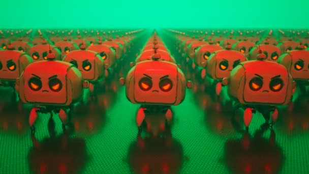 Representación Ejército Pequeños Robots Lindos Con Ojos Rojos Enojados Rostros — Vídeo de stock