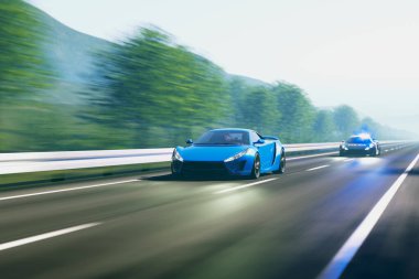 Mavi bir spor araba yüksek hızda yol alıyor. Işıkları yanıp sönen bir polis arabası onu takip ediyor. Polis takibi. Otoyol devriyesi hızlı aracı kovalıyor. Bir polis memurunu atlatmak.