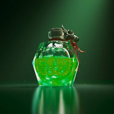 Büyülü iksirin güzel vitröz şişesi. Süslü fantezi şişesinde yeşil iksir. Büyücülük. Sihirli büyücünün arcanumu. Ürkütücü Cadılar Bayramı içkisi. Büyü yapmak için şeytani bir sıvı. Simyacı iksiri..