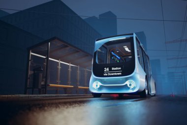 Şehirdeki otobüs durağında otonom bir elektrikli akıllı otobüs. Moder minibüs bir otobüs durağında durur. Elektrikli bir araba. Çevre dostu araba. Yeşil yakıt. Elektrohareketlilik. Nakliye.