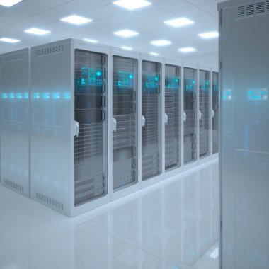 Render çiftliğindeki sayısız modern sunucu dolabı. Parlak, temiz, bilim kurgu, parlak zemini olan fütüristik bir oda. Teknoloji harikası. İletişim merkezi mi? Yan açı kamera görüntüsü.