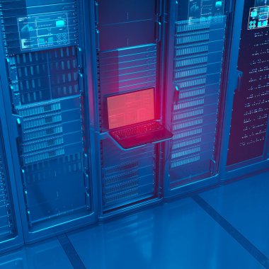 Ana kontrol bilgisayarı kırmızı ekran uyarısı. Ağ veritabanı güvenlik tehlikesi. Tüm veriler laptop ekranında gösterilir. Siber uzay güvenliği. Casus yazılım teknolojisi. Şifreyi kır. Mahremiyet saldırısı.