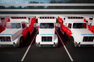 Modern bir hastane binasının önündeki park yerinde duran ambulans kamyonları. Çağdaş acil durum ekipmanları kurtarmaya hazır. Güneşli hava, açık mavi gökyüzü.