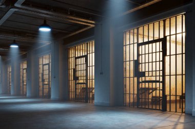 Side view of never-ending prison corridor. Surrounded by inmates cells. Gloomy mood. Fog, rays, daylight. Walk through the gaol. Crime. Interrogation. Justice. Separated one-person cells. Walk clipart