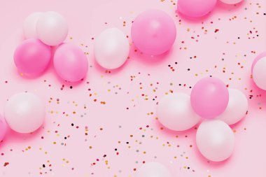 Pembe pastel ve inci balonlar parlak pembe zeminde altın parıltı ya da konfeti ile kaplıydı. Doğum günleri, yıldönümü kutlamaları, karnavallar, özel günler ve partiler için mükemmel bir şablon.