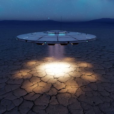 Uzaylı istilası. Parlak metal uçan dairenin dairesel silueti. Geceleri boş çölün üzerinde. UFO, UAP, yerden sarkıyor ve parlak bir ışık huzmesi yolluyor. Ray gemiden gemiye gidiyor..