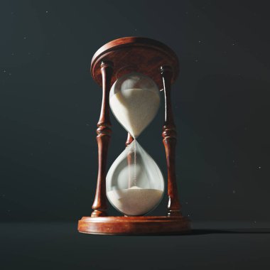 Ahşap retro kum saati resmi. Cam bir ampulün içine düşen kum zamanın akışını ölçüyor. Zaman, geri sayım, teslim tarihi, aciliyet, yaşlanma süreci, bekleme kavramı