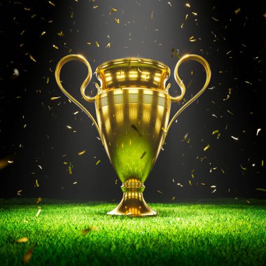 Şampiyonluk kupasını, stadyumun arka planındaki çimlerin üzerine yerleştirin. Sahne ışıkları altında altın konfetiyle parlak bir ödül. Başarı kavramı, zafer, başarı, zafer.