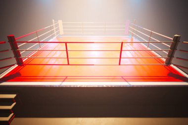 Görüntü yönetmeni boks ringinin ortasında parlak bir spot ışığı var. Dövüş sporları müsabakaları ve spor antrenmanlarını sembolize eder. Sporcu olmadan spor aletleri