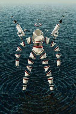 3D rendering of a disassembled astronaut or diver suit floating above an ocean waves and ripples. This image showcases the futuristic concept of space exploration and deep-sea abyss diving clipart