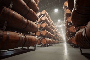 Yaşlanan alkol, şarap ve viski için kullanılan meşe fıçılarıyla dolu 3 boyutlu bir mahzen. Meşe fıçıları sıradan ve geleneksel bir atmosfer yaratıyor.