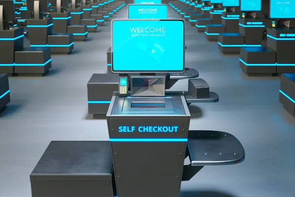 Self-service checkout in the shop. The alternative to the traditional cashier-staffed checkout. Ready for scanning barcodes and paying for the items. The technology improves the shopping experience