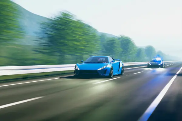 Mavi Bir Spor Araba Yüksek Hızda Yol Alıyor Işıkları Yanıp — Stok fotoğraf