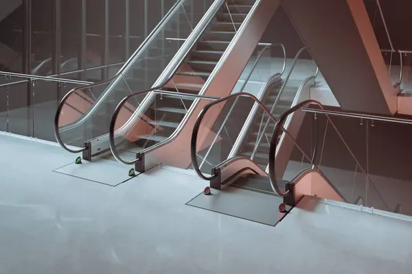 现代自动扶梯是由玻璃和钢铁制成的 走楼梯 商业大楼 购物中心或购物中心中的城市建筑 运输方式 — 图库照片