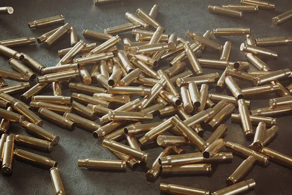 Empty Shells Falling Floor Open Fire Gun Ammunition Dark Background — Stock Photo, Image