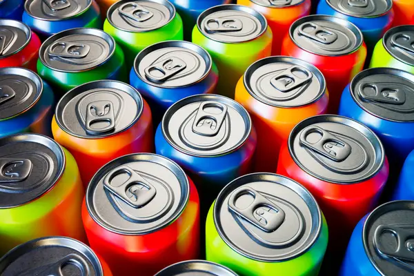 A set of many different drinks in aluminum cans perfect for fast-food restaurants, grocery stores, and bars. These cans provide an endless amount of beverage options.