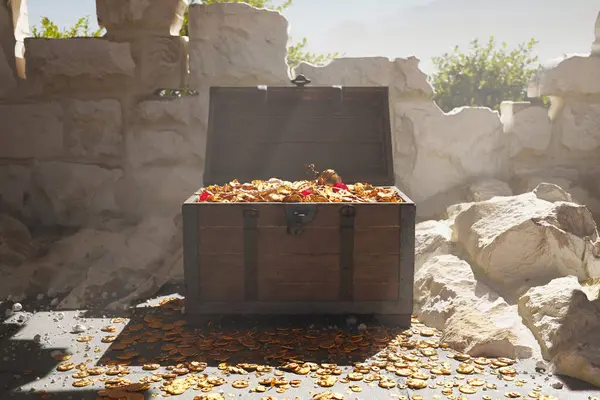 The open old wood chest full of golden coins, shiny jewellery and diamonds. A wooden box filled with valuables in the ruins of the castle.  Animation of the precious trunk full of gold. Treasure hunt.