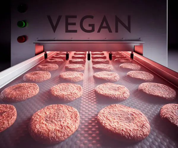 Vegan Meat Factory Production Line Plant Based Burger Patties Leaf — Stock Photo, Image